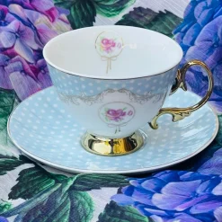 Rose Dotted Elegance: Blue Polka Tea Collection (set of six teacups and saucers)