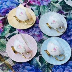 Rose Dotted Elegance: Blue Polka Tea Collection (set of six teacups and saucers)