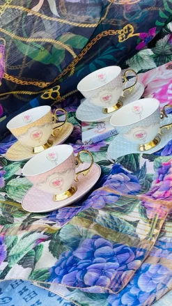 Rose Dotted Elegance: Blue Polka Tea Collection (set of six teacups and saucers)