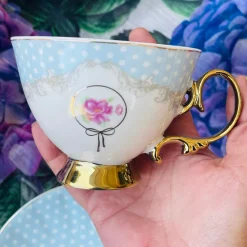Rose Dotted Elegance: Blue Polka Tea Collection (set of six teacups and saucers)