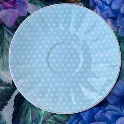 Rose Dotted Elegance: Blue Polka Tea Collection (set of six teacups and saucers)