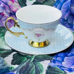 Rose Dotted Elegance: Blue Polka Tea Collection (set of six teacups and saucers)