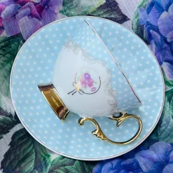 Rose Dotted Elegance: Blue Polka Tea Collection (set of six teacups and saucers)