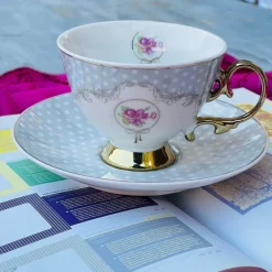 Rose Dotted Elegance: Grey Polka Tea Collection (set of six teacups and saucers)