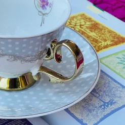 Rose Dotted Elegance: Grey Polka Tea Collection (set of six teacups and saucers)