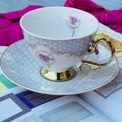 Rose Dotted Elegance: Grey Polka Tea Collection (set of six teacups and saucers)