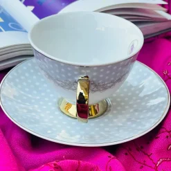 Rose Dotted Elegance: Grey Polka Tea Collection (set of six teacups and saucers)