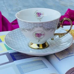 Rose Dotted Elegance: Grey Polka Tea Collection (set of six teacups and saucers)