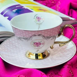 Rose Dotted Elegance: Pink Polka Tea Collection (set of six teacups and saucers)