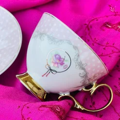 Rose Dotted Elegance: Pink Polka Tea Collection (set of six teacups and saucers)