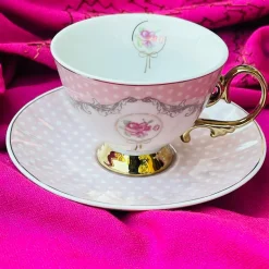 Rose Dotted Elegance: Pink Polka Tea Collection (set of six teacups and saucers)