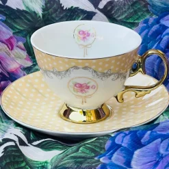 Rose Dotted Elegance: Yellow Polka Tea Collection (set of six teacups and saucers)