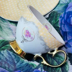 Rose Dotted Elegance: Yellow Polka Tea Collection (set of six teacups and saucers)