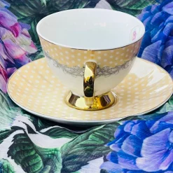 Rose Dotted Elegance: Yellow Polka Tea Collection (set of six teacups and saucers)