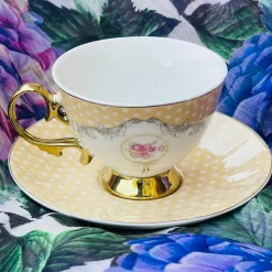 Rose Dotted Elegance: Yellow Polka Tea Collection (set of six teacups and saucers)