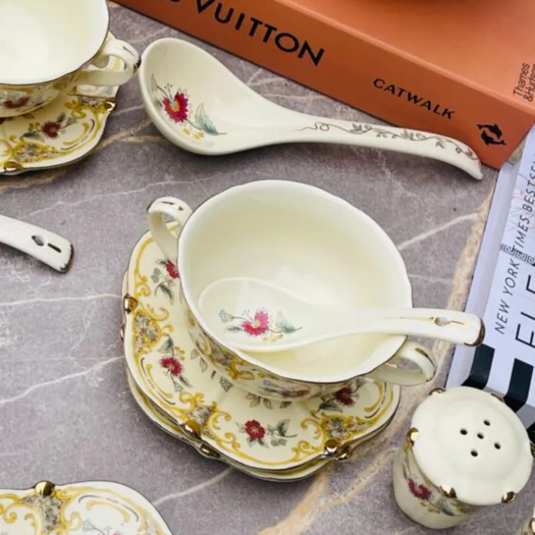 Secret Garden Soup Set Porcelain Beige & Red