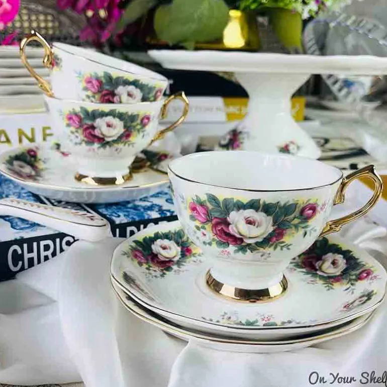 Secret Garden Tea Cups & Saucers-White & Pink Roses