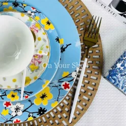 Sky Blue With Yellow Floral 18 Piece Plate Set