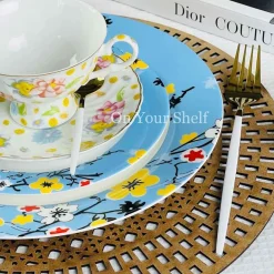 Sky Blue With Yellow Floral 18 Piece Plate Set