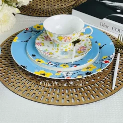 Sky Blue With Yellow Floral 18 Piece Plate Set