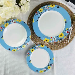 Sky Blue With Yellow Floral 18 Piece Plate Set