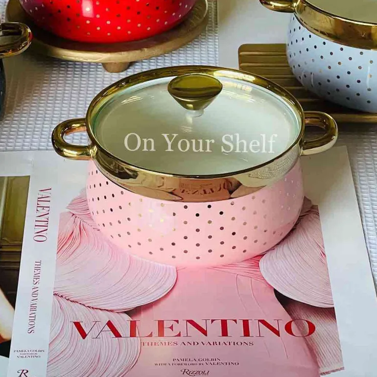 Taureen Serving Pot w/Glass Lid and Gold Polka Dots-Pink