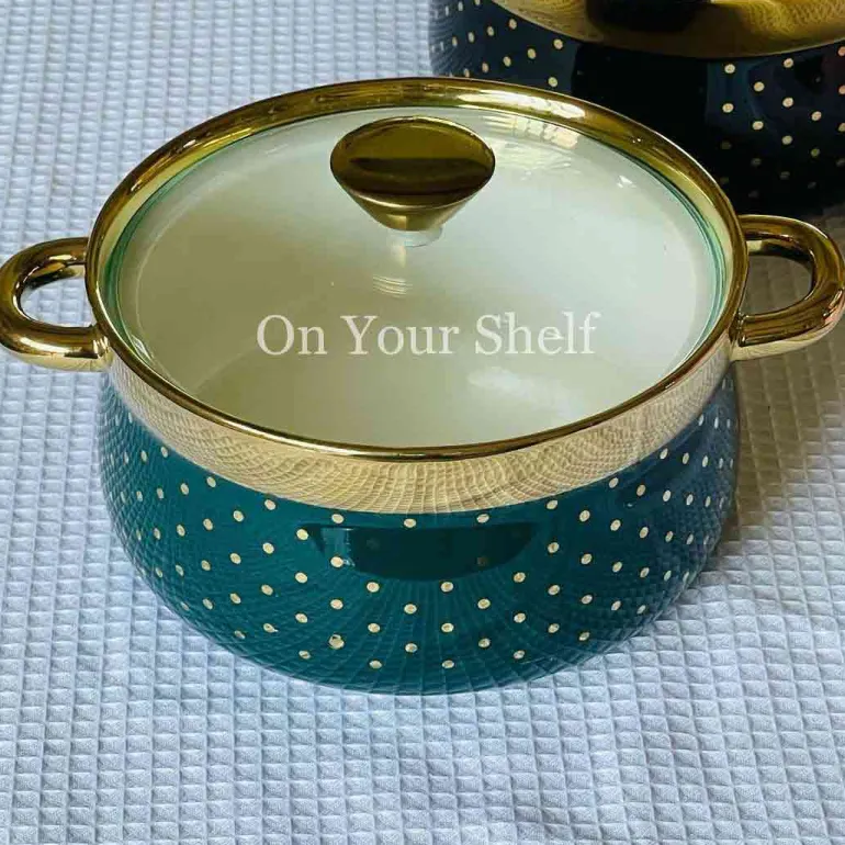 Taureen Serving Pot w/Glass Lid and Gold Polka Dots-Grey
