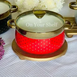 Taureen Serving Pot w/Glass Lid and Gold Polka Dots-Red