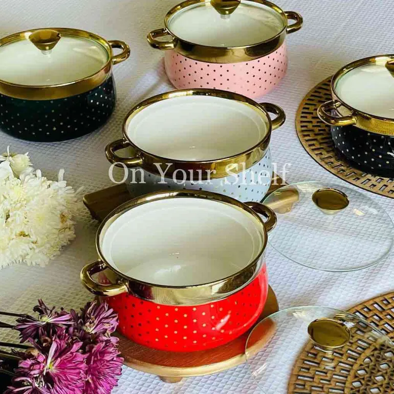 Taureen Serving Pot w/Glass Lid and Gold Polka Dots-Green