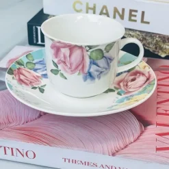Tea Cup and Saucers Daulton Roses Pink & Blue Set of Six