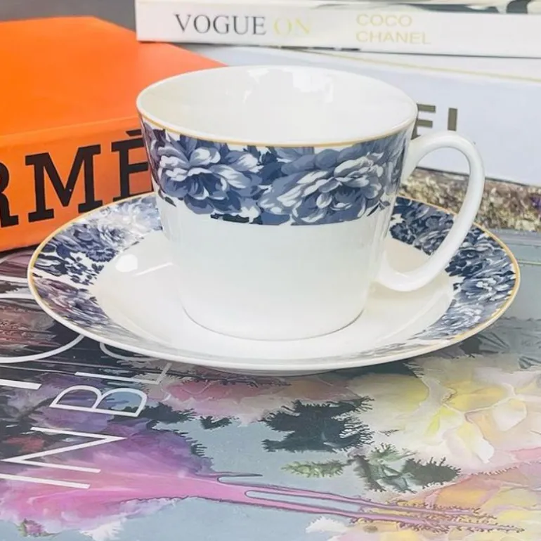 Tea Cup and Saucers Daulton Floral Blue Band Set of Six