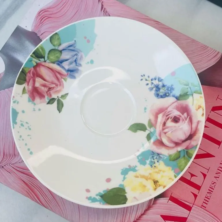 Tea Cup and Saucers Daulton Roses Pink & Blue Set of Six