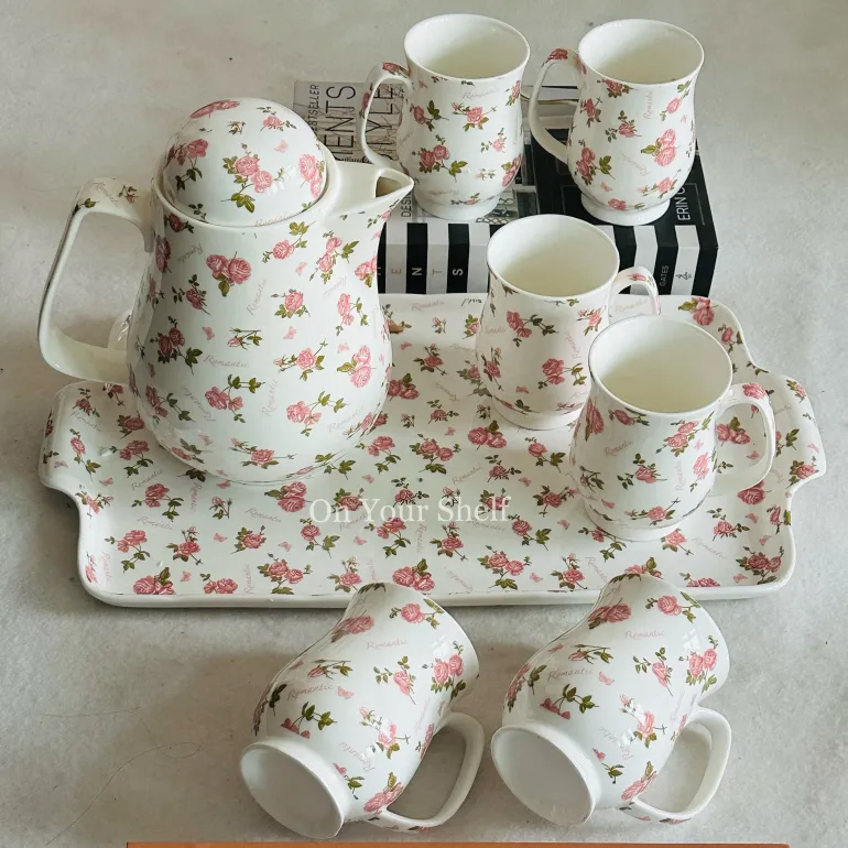 The Pink Love Affair (six mugs, one teapot, one tray)